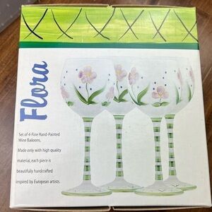 Flora Hand Painted Balloon Wine Glass Goblet Floral NEW Set of 4 Striped VTG.